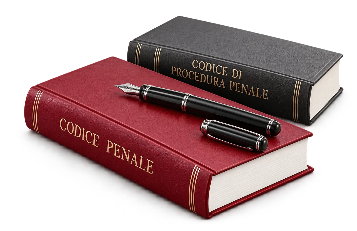 Il codice penale e il codice di procedura penale con una penna stilografica